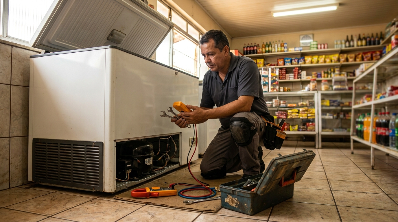 Técnico realizando manutenção de motor de freezer em Cuiabá‑MT