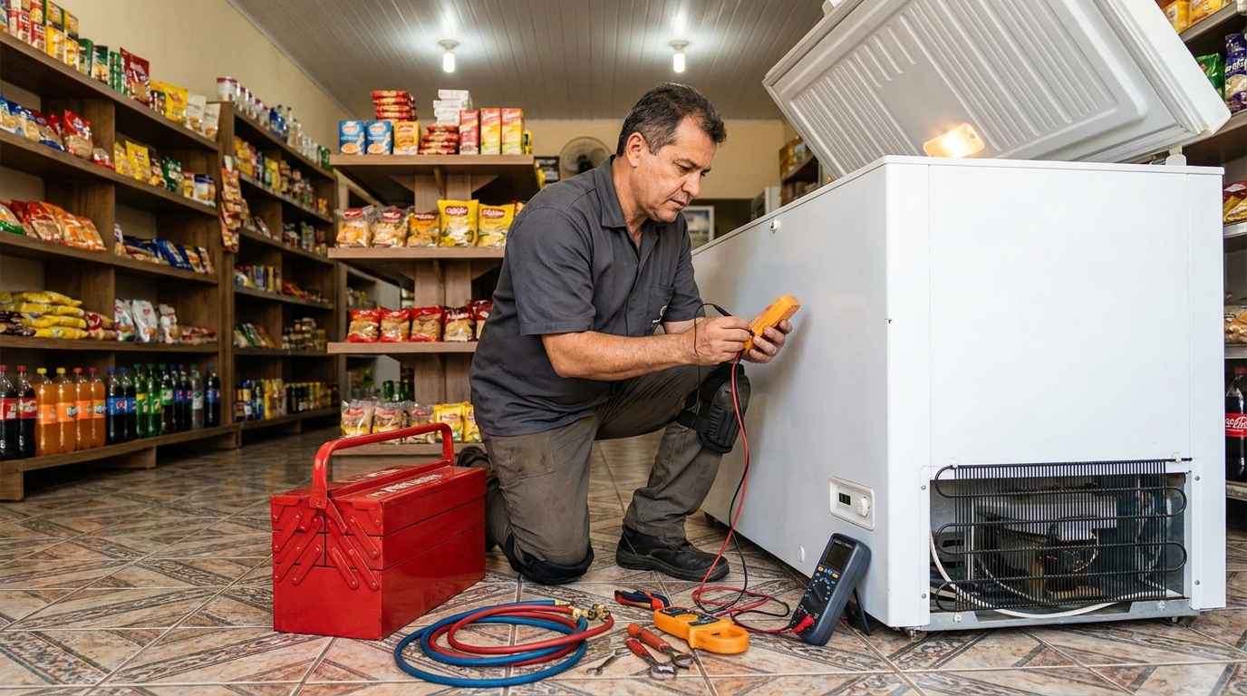 Recarga de gás refrigerante em freezer em atendimento em Cuiabá‑MT