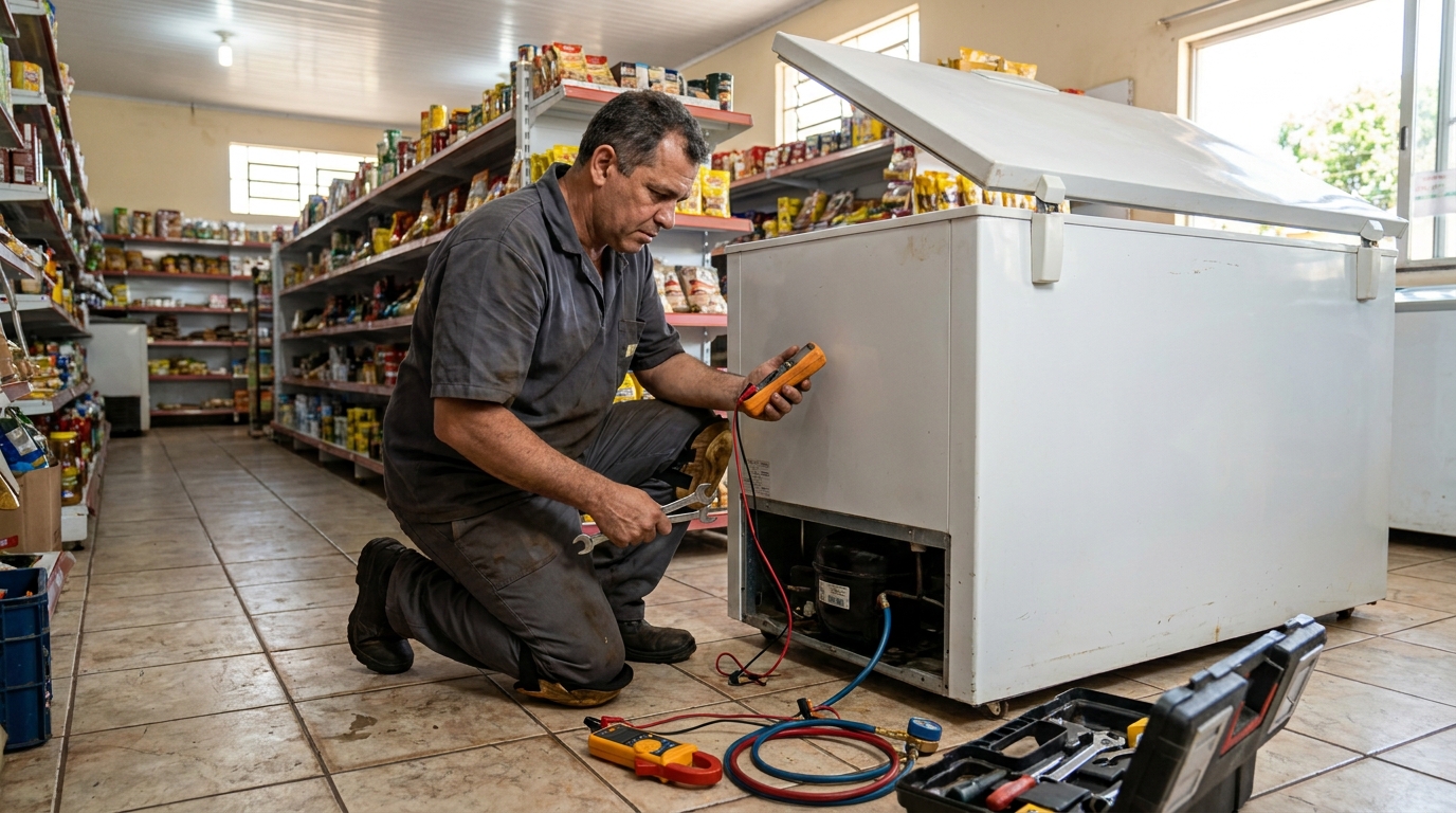 Troca de termostato de freezer em atendimento técnico em Cuiabá‑MT